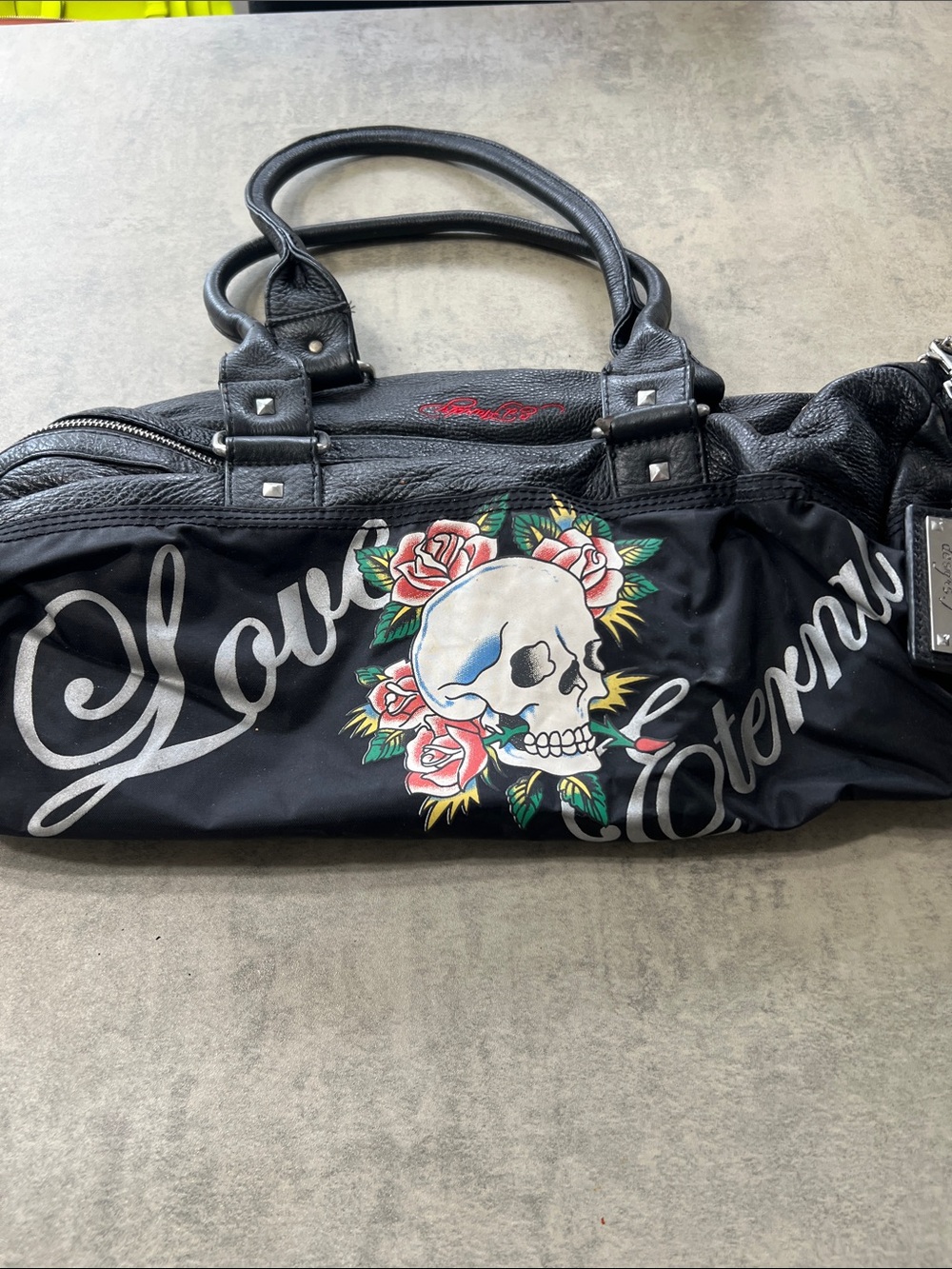 Ed Hardy Black Shoulder Bag with Floral Skull Graphic
